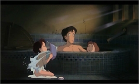 Mei y su padre en el baño